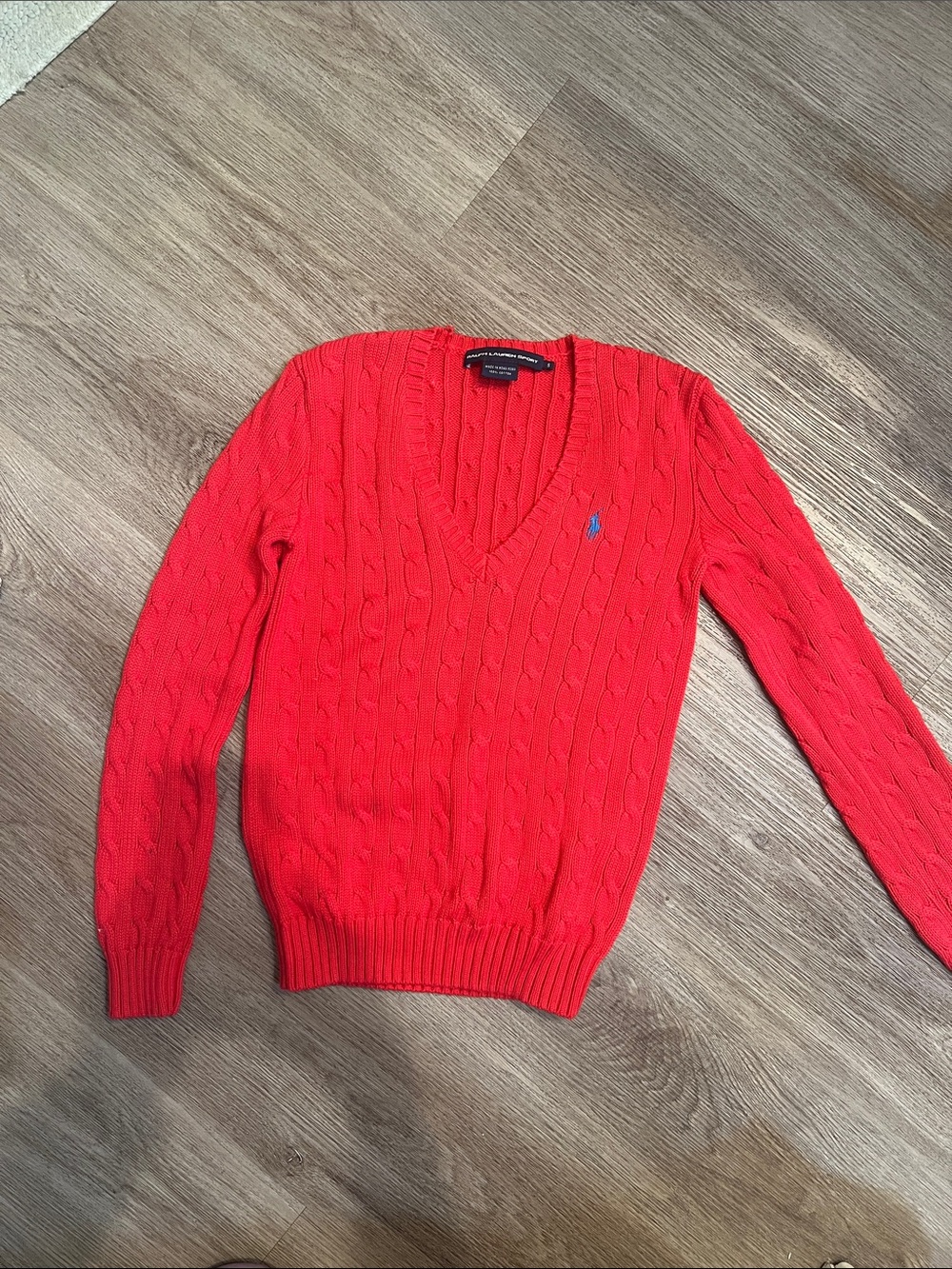 Ralph Lauren Bright Red Cable-Knit V-Neck Sweater